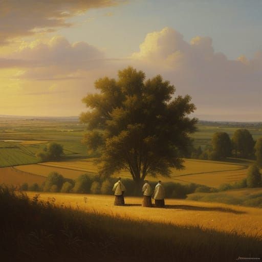Realistic Oil Painting of Peasants Praying in Field