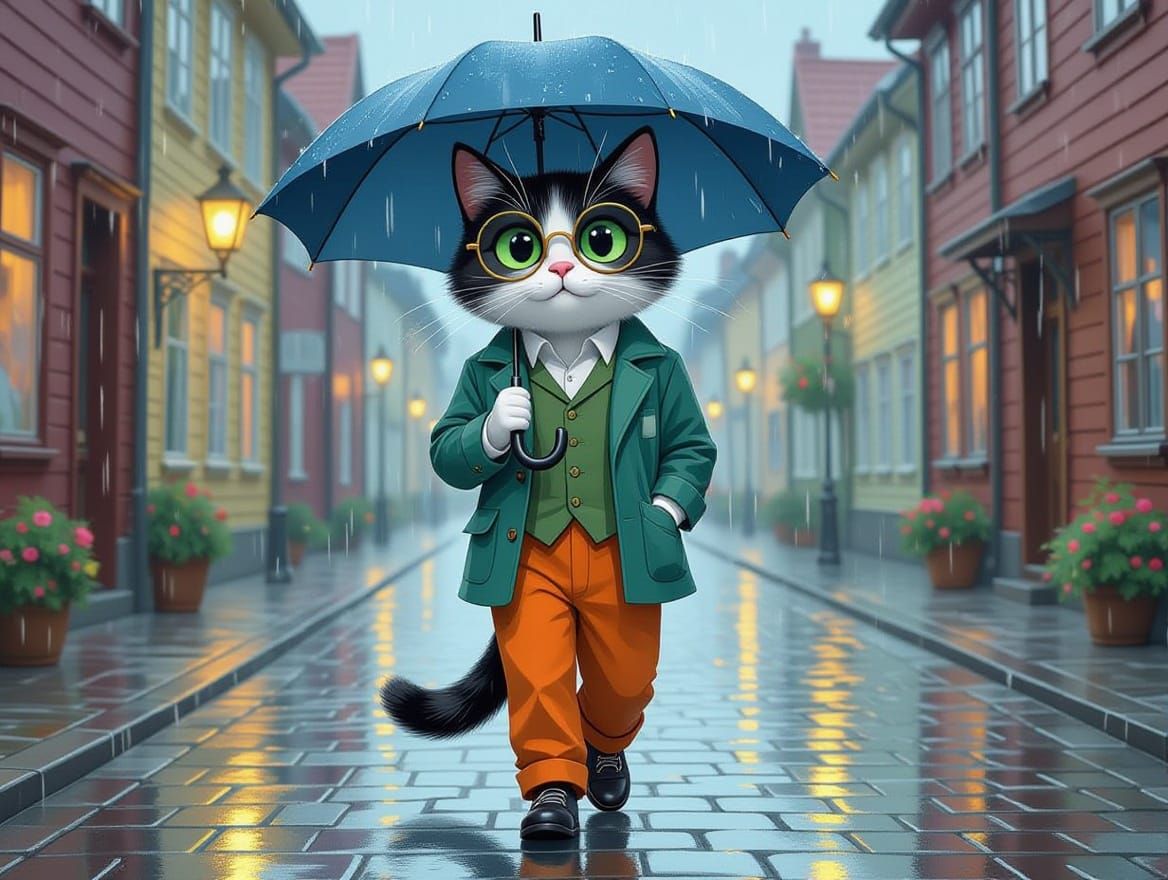 Rainy Day Stroll by Anthropomorphic Cat, Impressionist Style