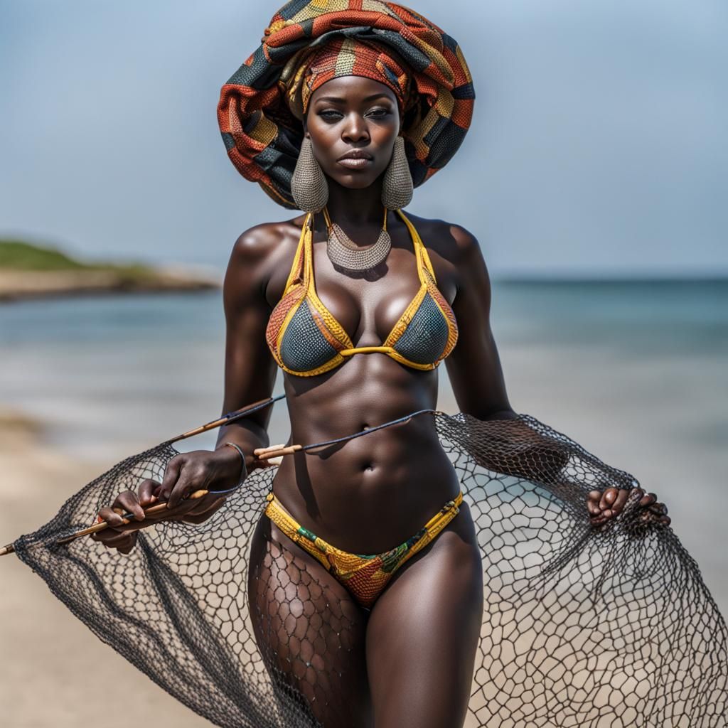 African Woman Fishing with Net in Bikini