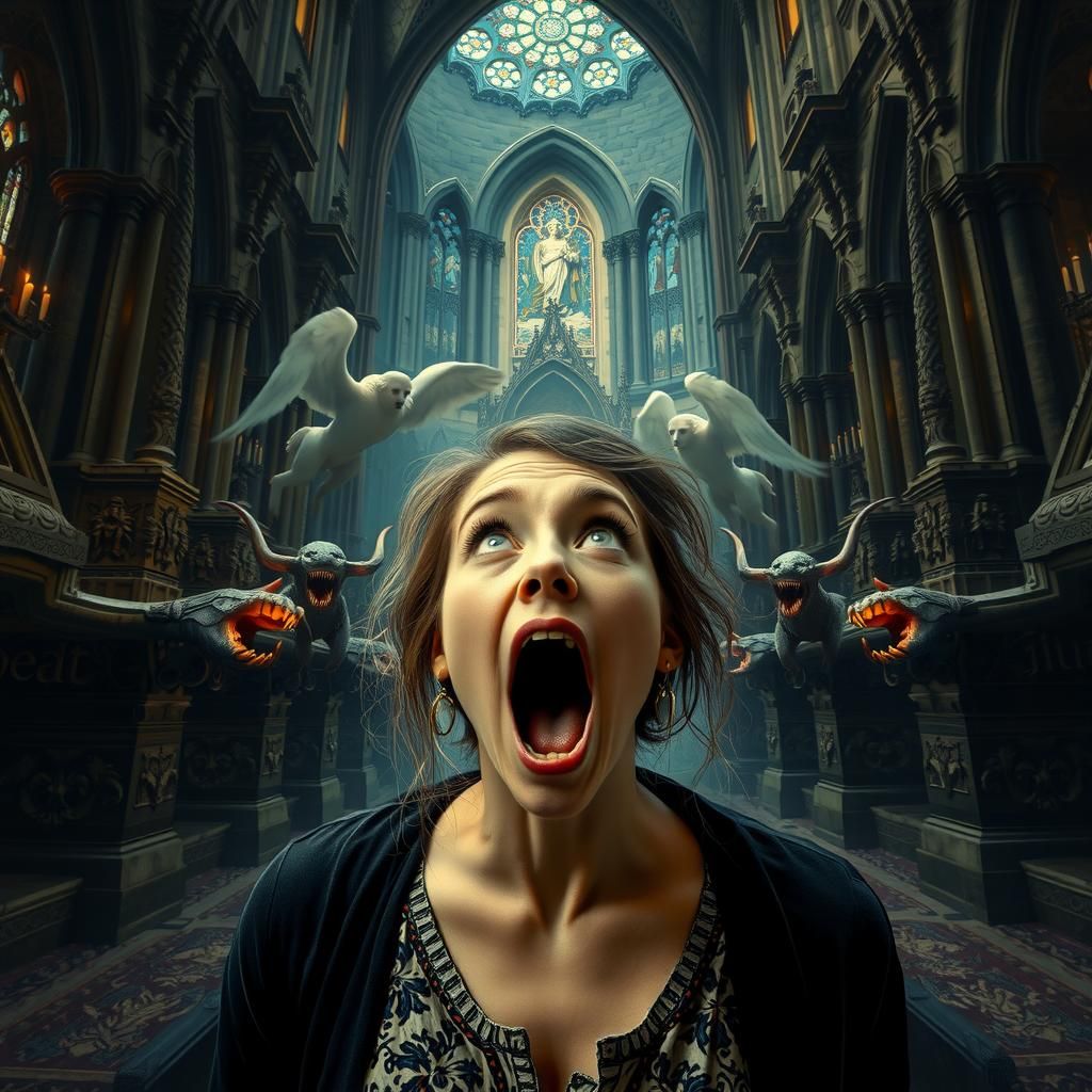 Screaming Woman in Gothic Cathedral, Dark Surrealism