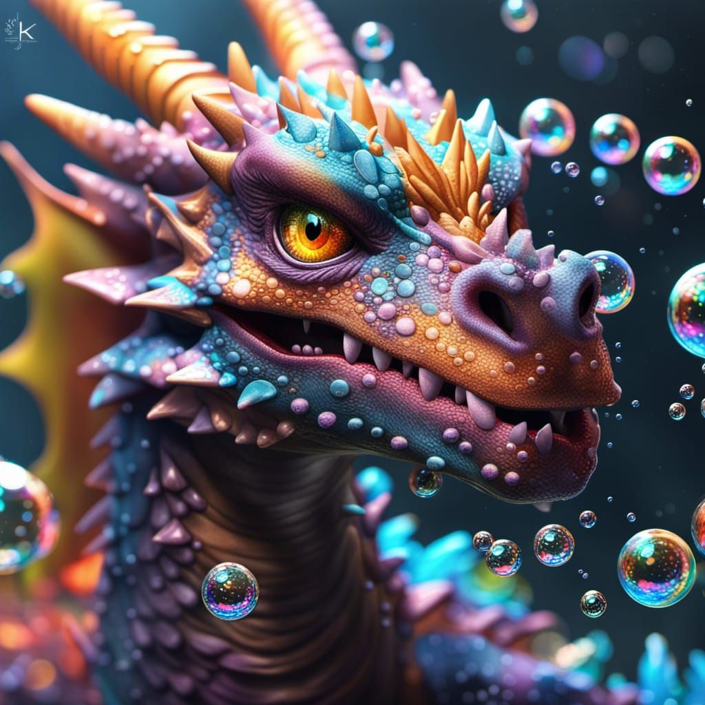 Multichromatic Dragon Portrait with Bubbles, Detailed CGI Ar...