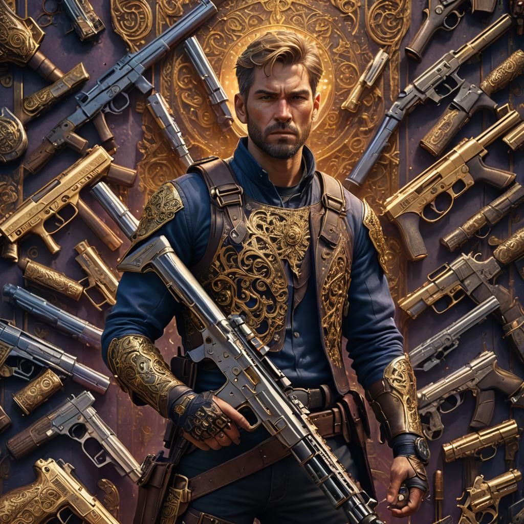 Armed Man Surrounded by Guns in High-Fantasy Style
