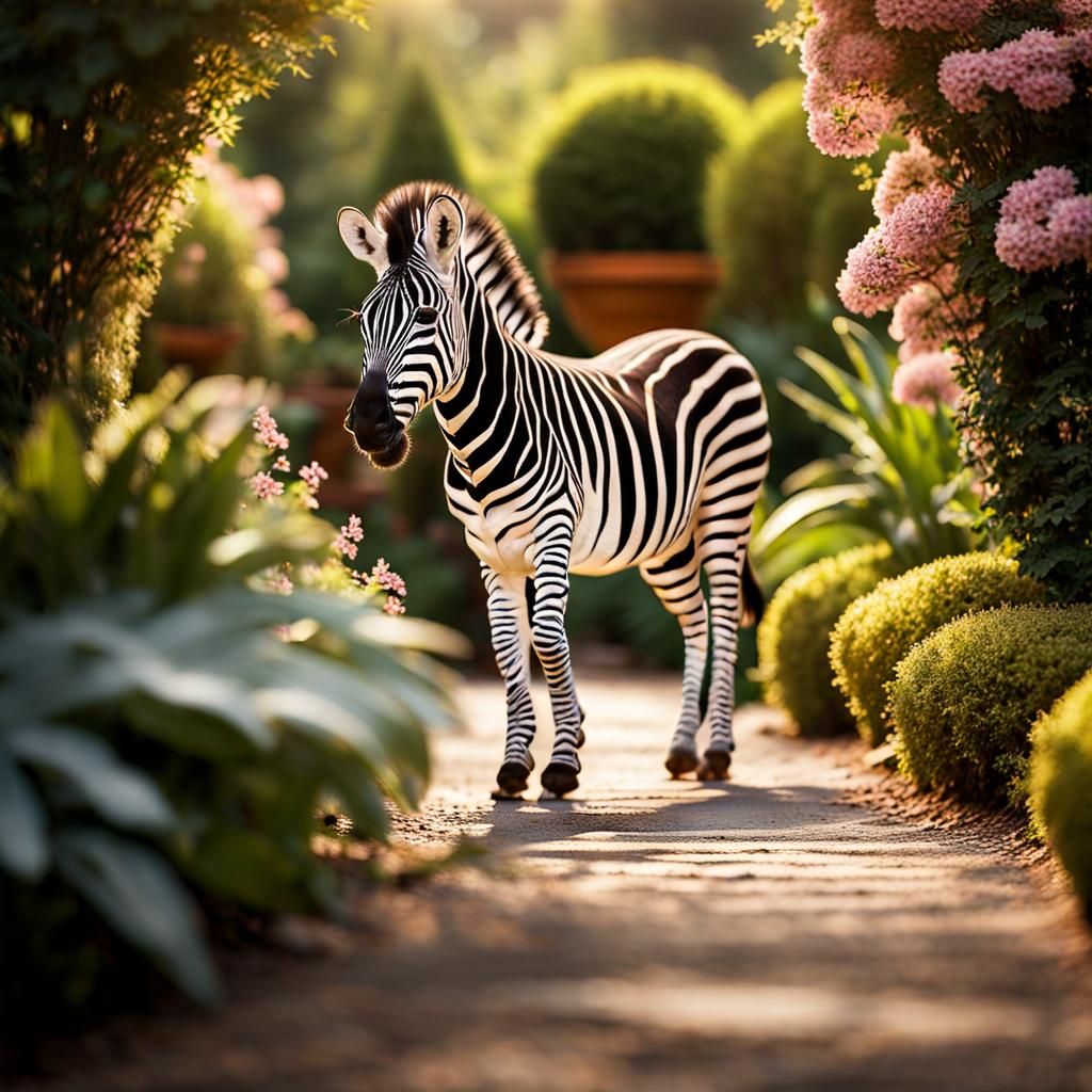 Hyperrealistic Zebra on Garden Path in Ecological Art