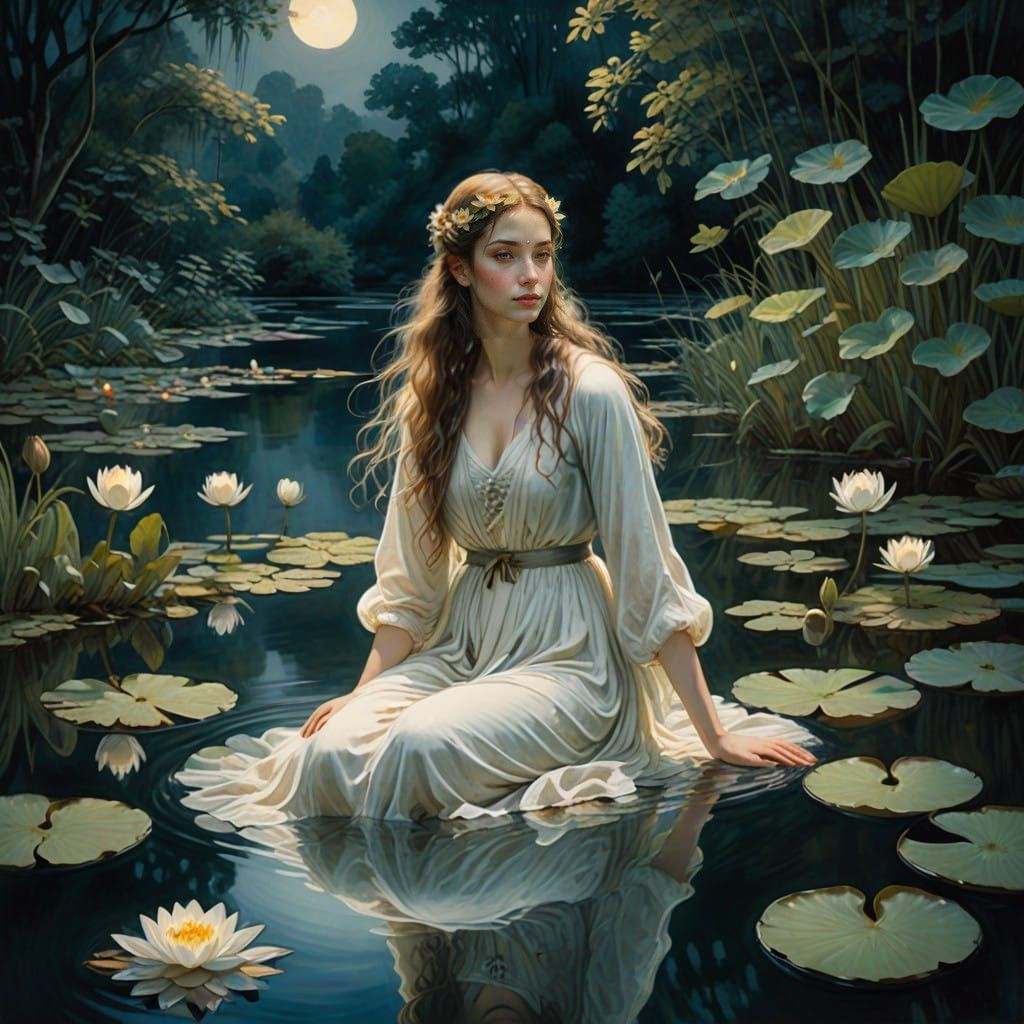 Serene Moonlit Goddess Among Water Lilies in Dreamy Watercol...