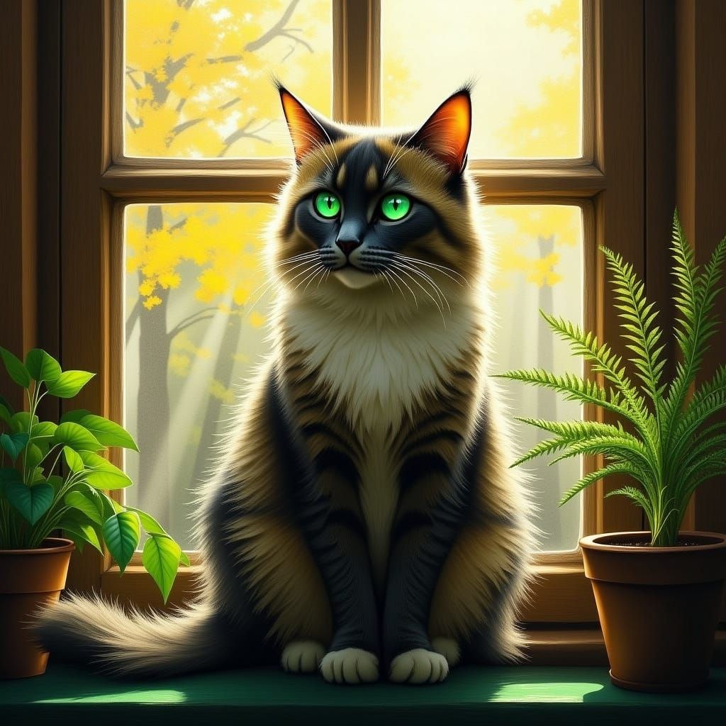 Regal Cat in Sunlit Window, Digital Art