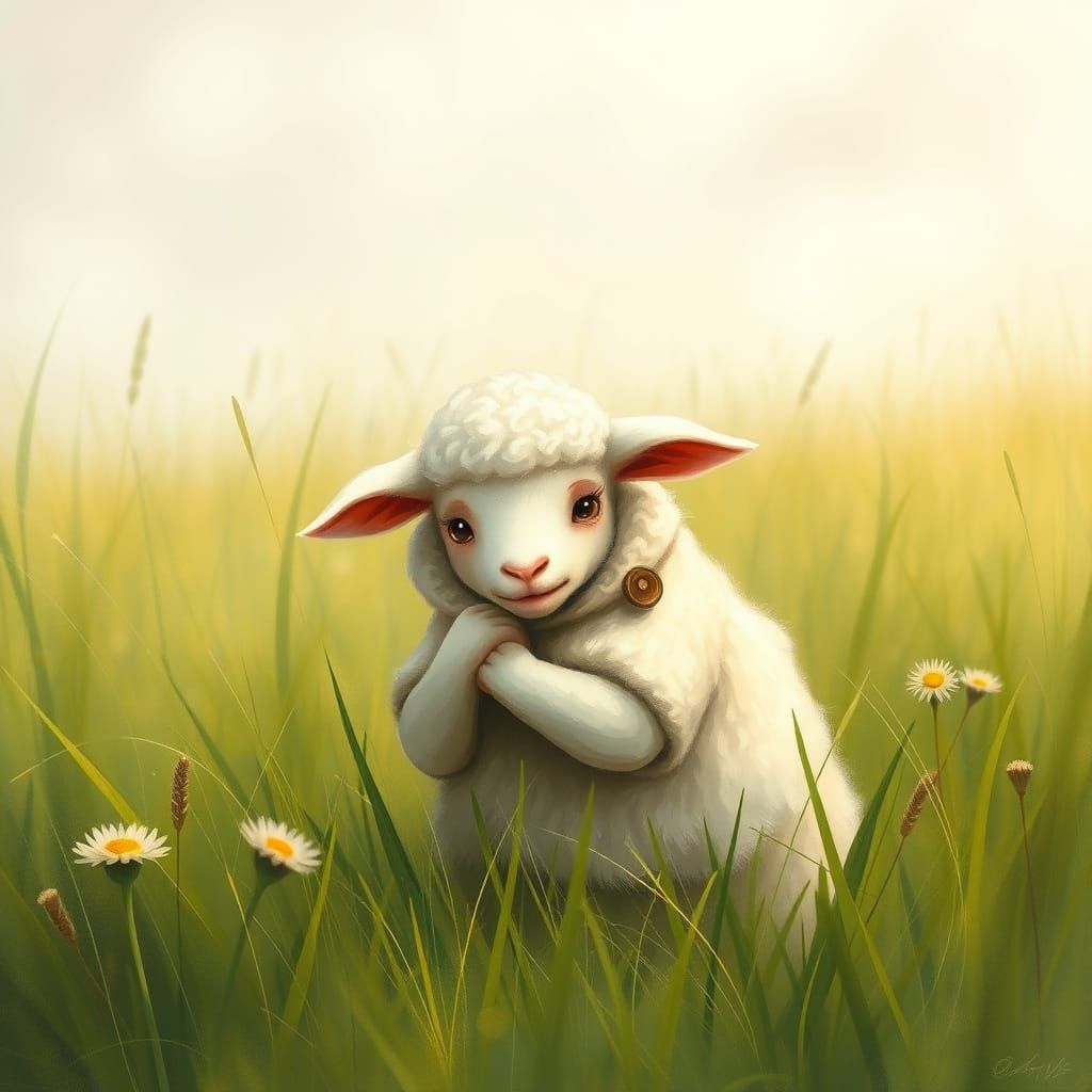 Frightened Lamb in Meadow, Whimsical Illustration