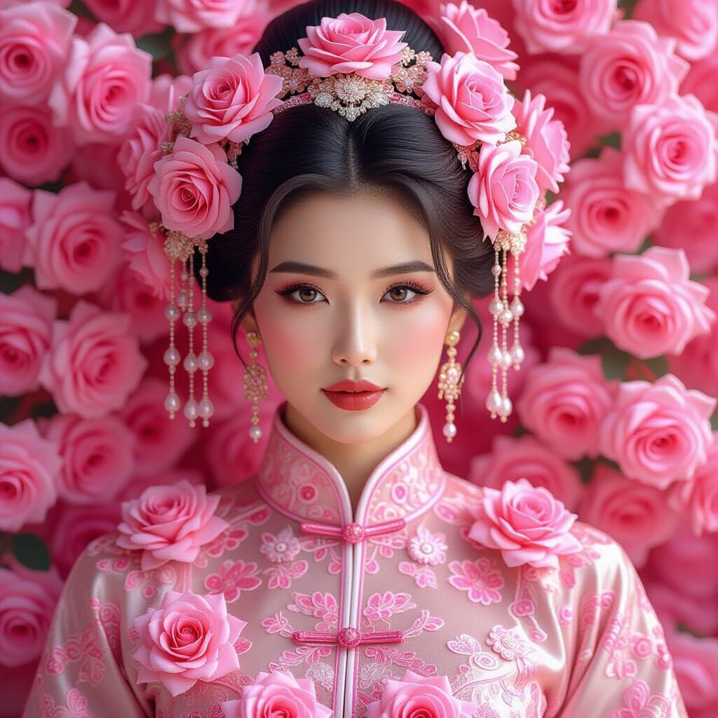 Hyperrealistic Portrait of Asian Woman Adorned with Pink Ros...