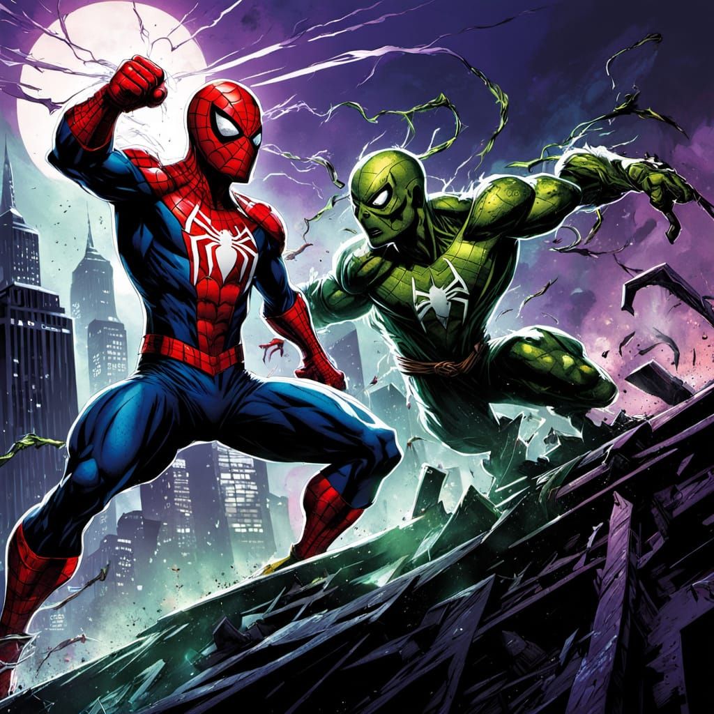 Spider-Man Battles Green Goblin in Purple Mist Over Manhatta...