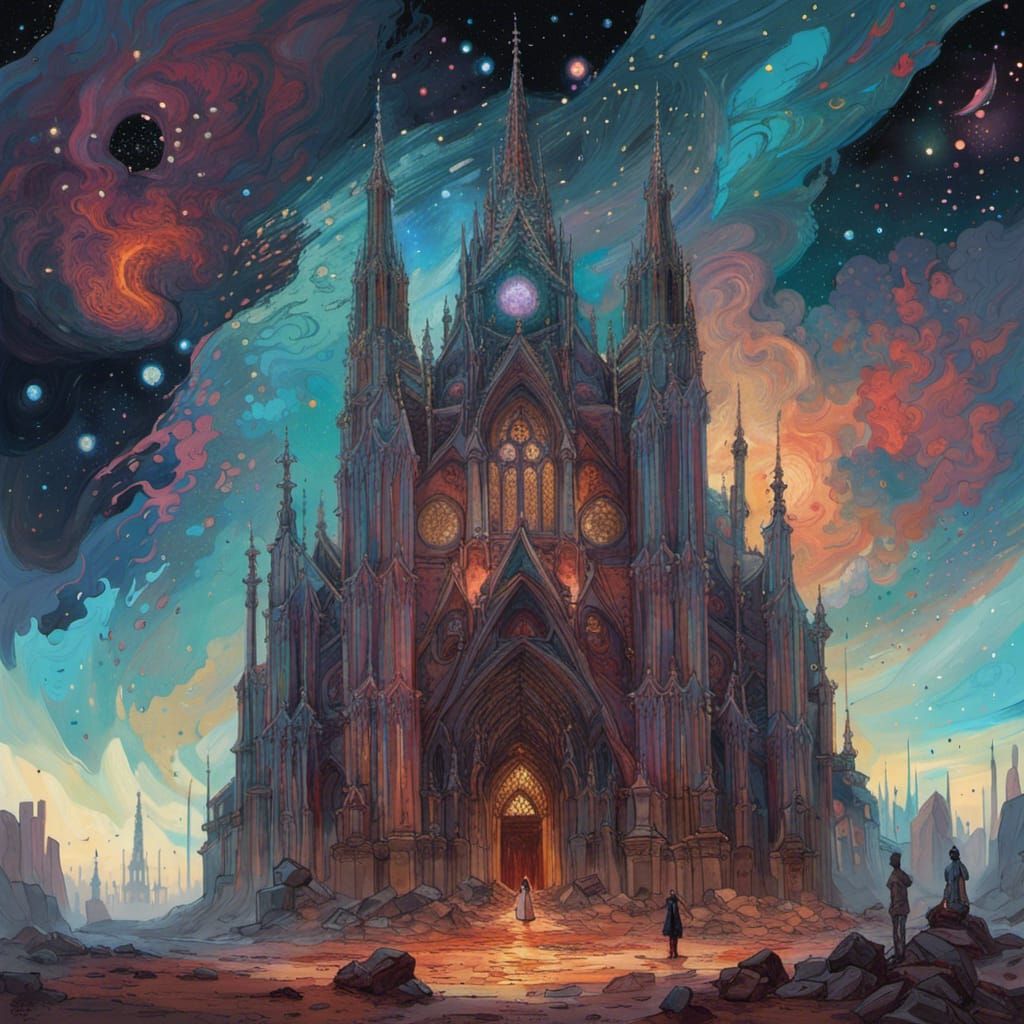 Gothic Cathedral Floating in Space with Nebula
