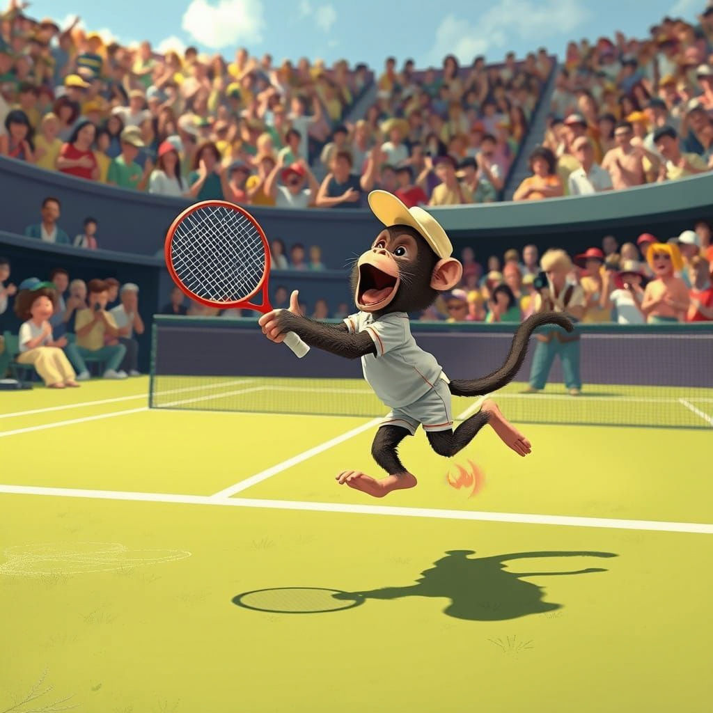 Monkey Tennis Player Mid-Air Acrobatic Shot