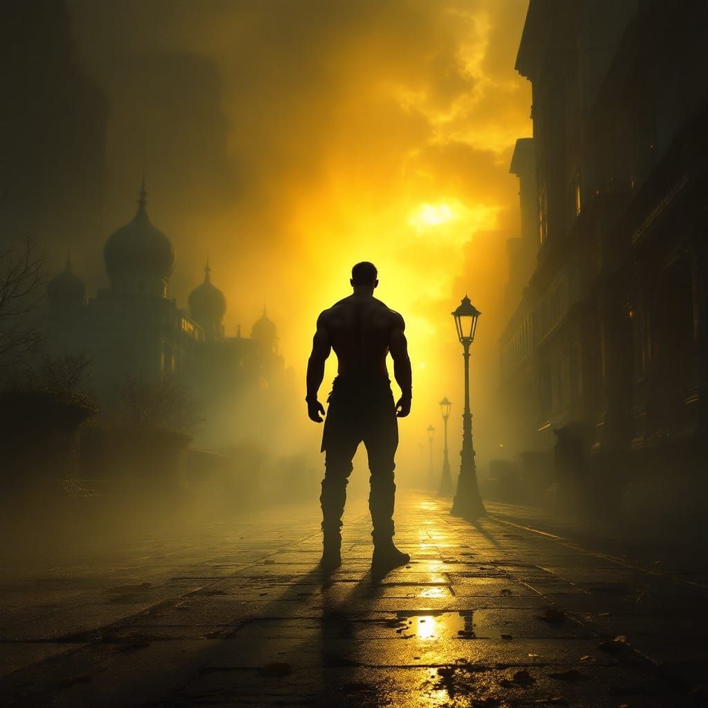 Heroic Figure Emerges from Autumn Fog