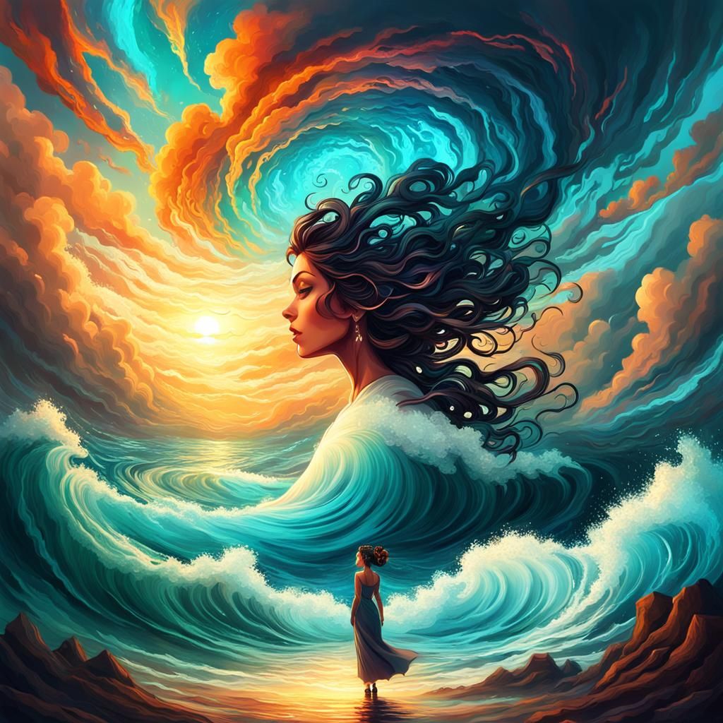 Fantasy Woman in Swirling Clouds, Digital Art