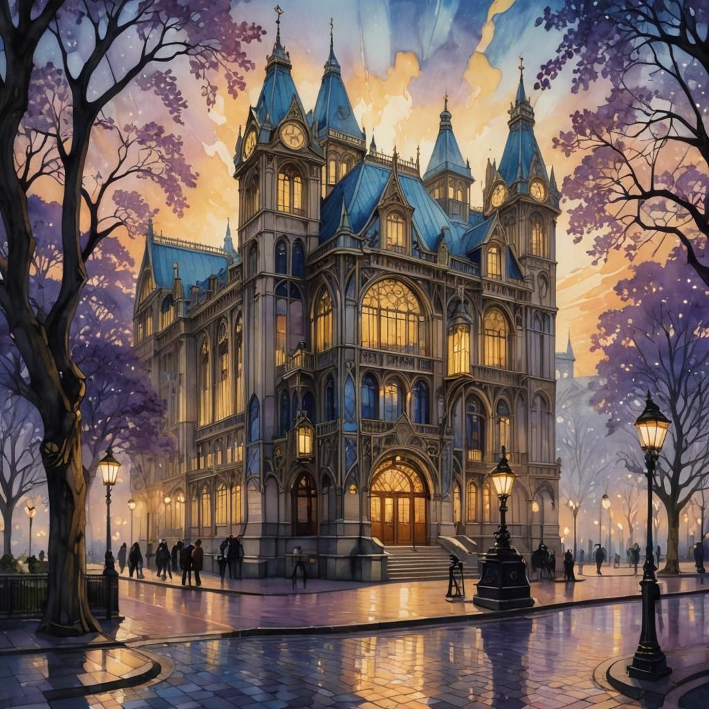 Art Nouveau Crystal Palace in Dreamy Watercolor