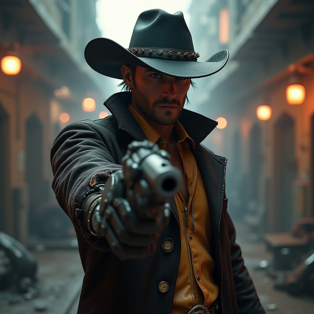Cyberpunk Cowboy with Robotic Arm in Duster Coat