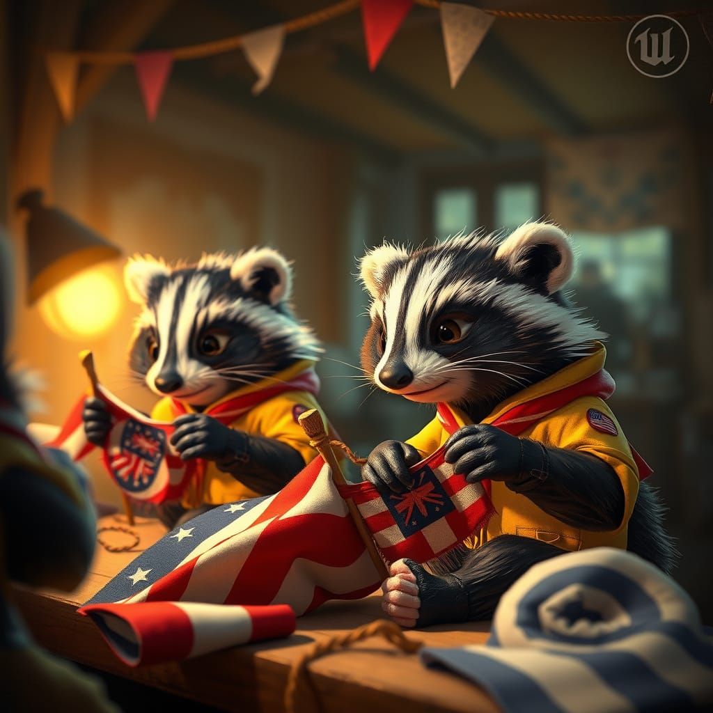 Whimsical Charity Boot Camp Scene with Patriotic Skunks