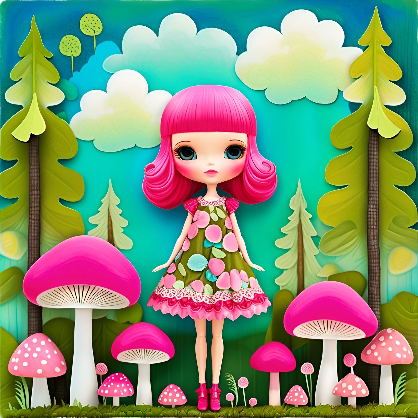 Blythe Doll in a Pink and Green Forest