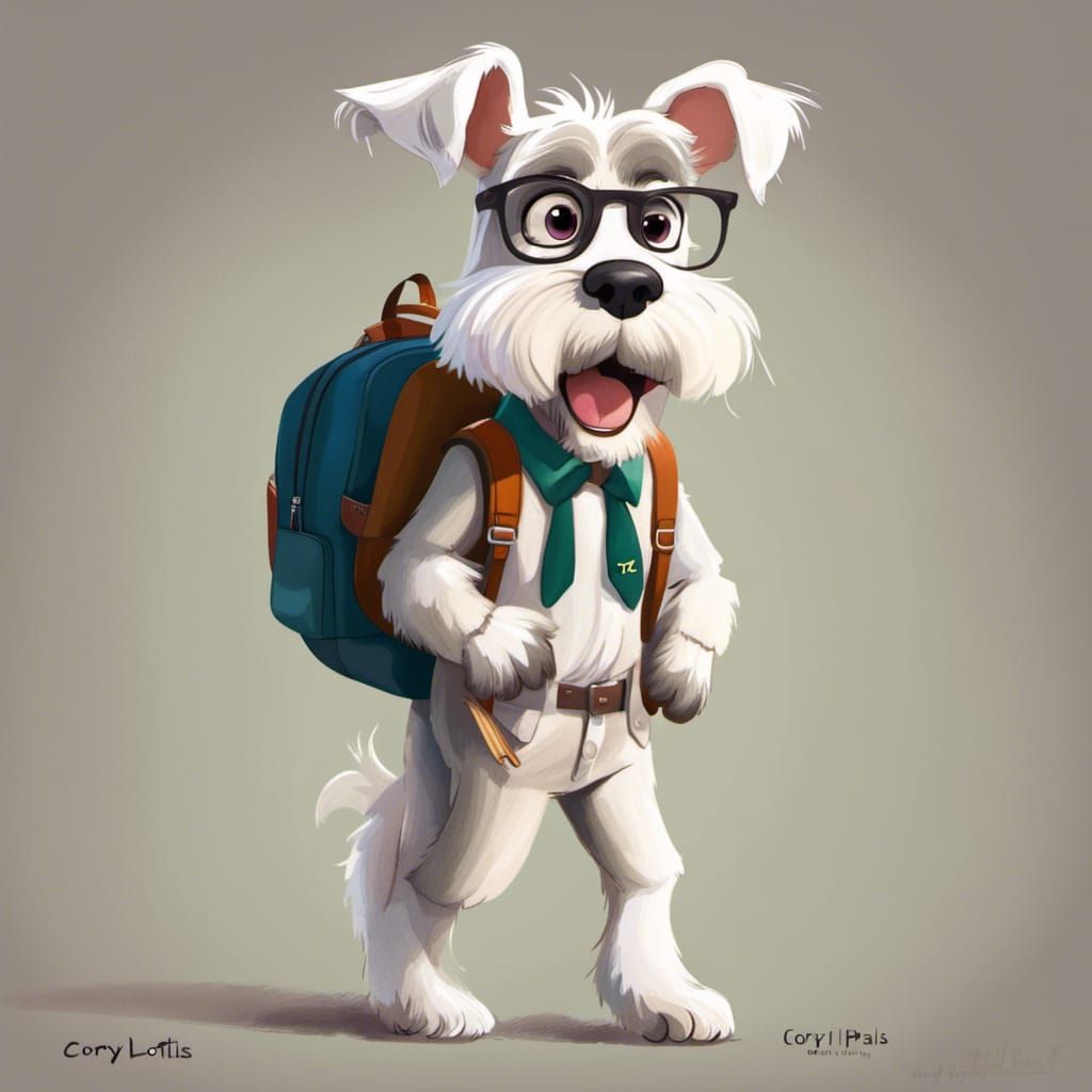 Miniature Schnauzer Going to School as Cartoon Art