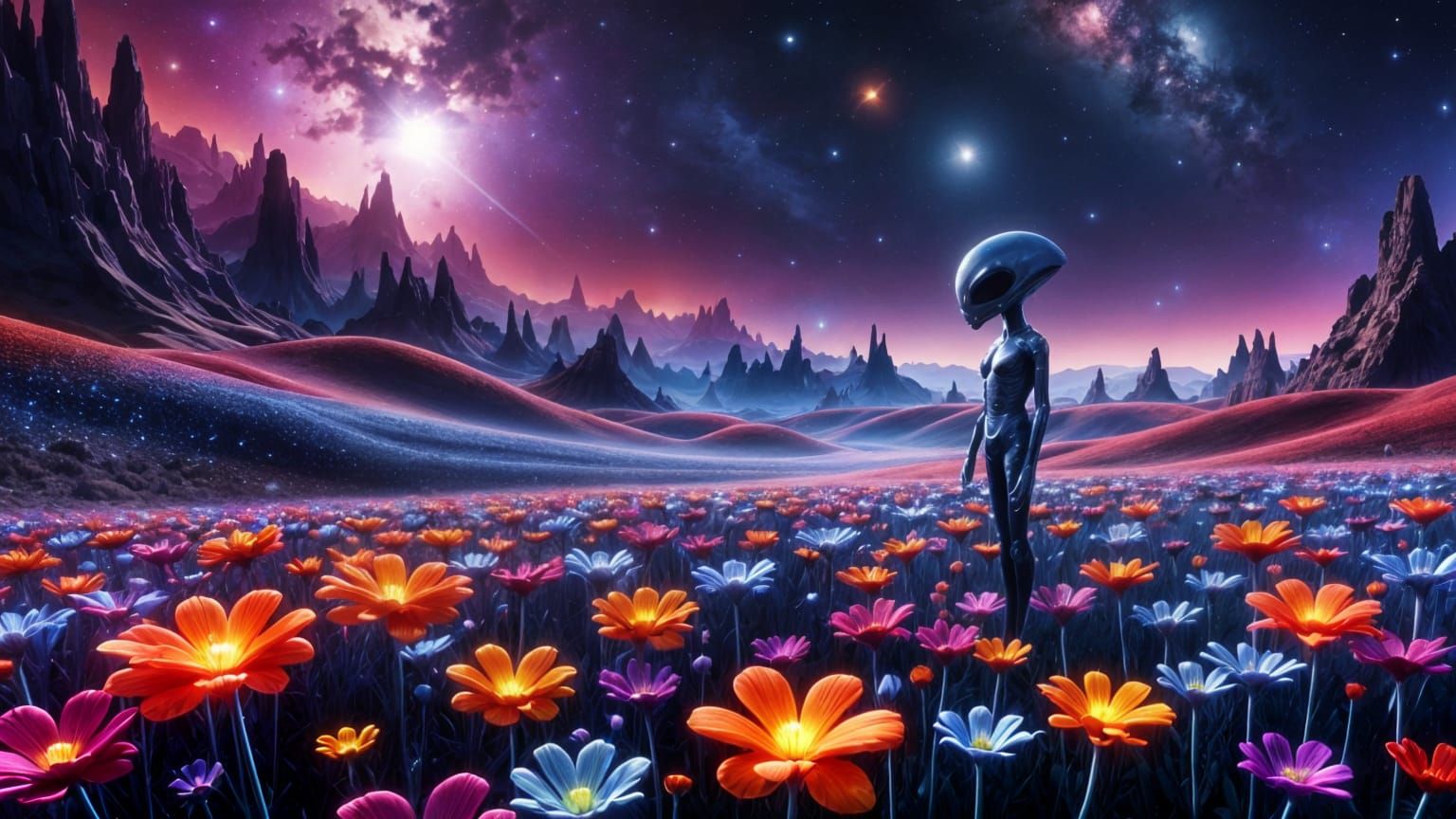 Surreal Cosmic Alien Bloom in Dark Horror Landscape