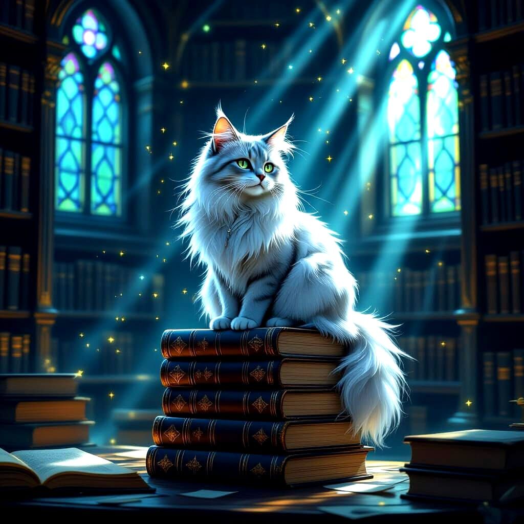 Wise Moonlight Cat on Books in Enchanted Library