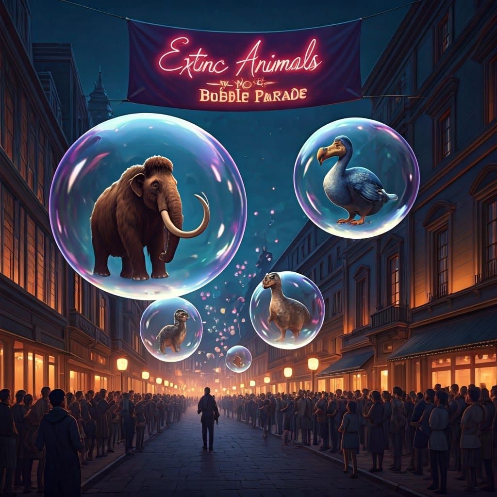 Vibrant Neon Parade of Extinct Creatures in 3D Anime Style