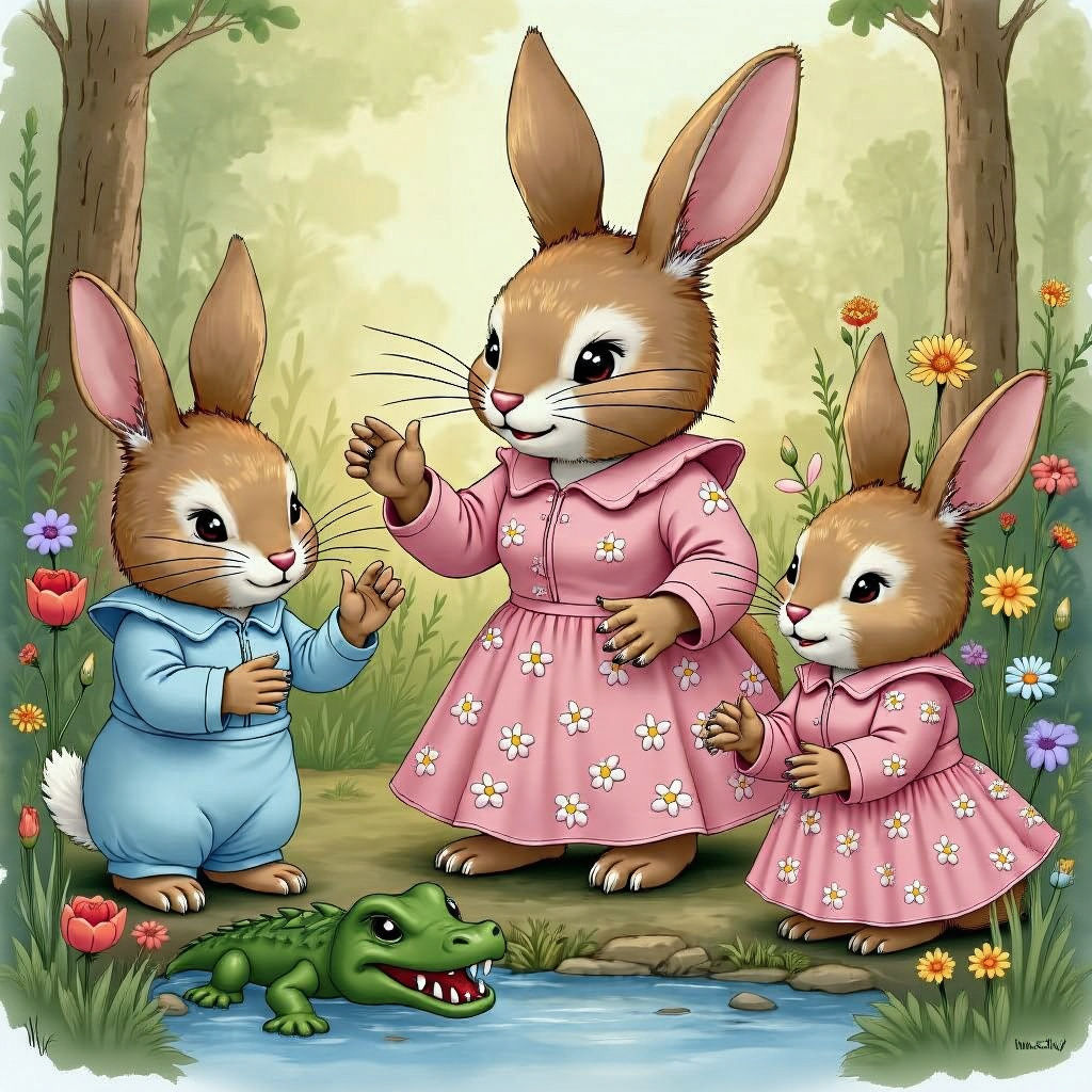 Rabbit Family in Flower Forest, Beatrix Potter Style