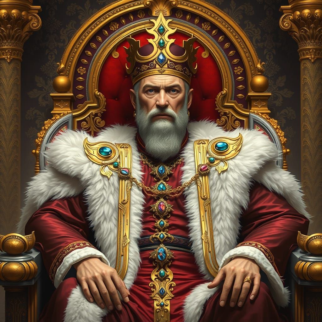 Regal King on Throne in Mystical Realism Style