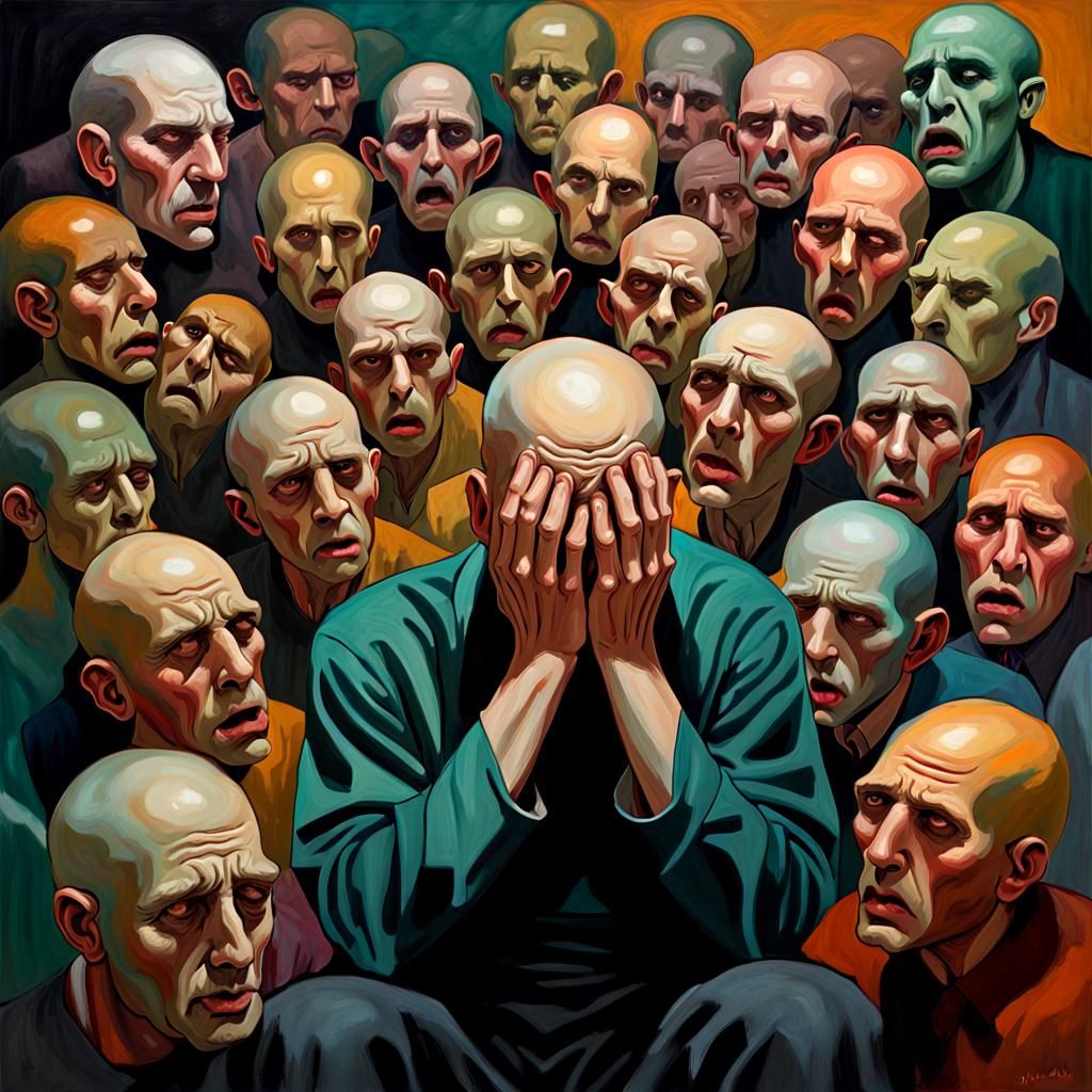 Distressed Man Surrounded by Taunting Heads: Gothic Oil Pain...