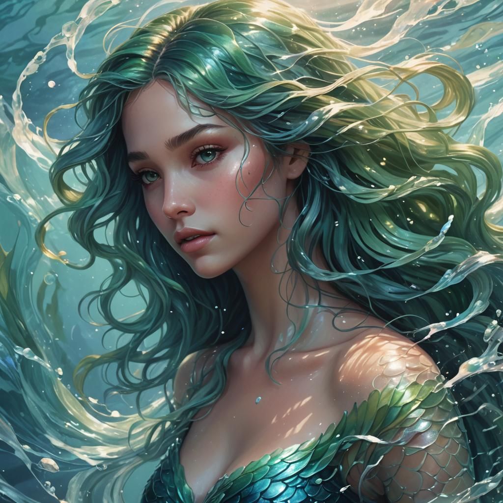 Iridescent Mermaid Gliding Through Swirling Water