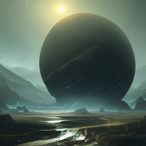Solar System Eaten by Mountain: Dark Fantasy Art