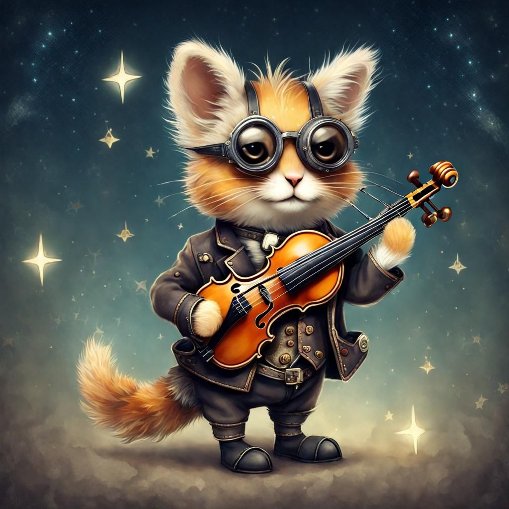 Steampunk Animal Under Starry Sky Plays Violin