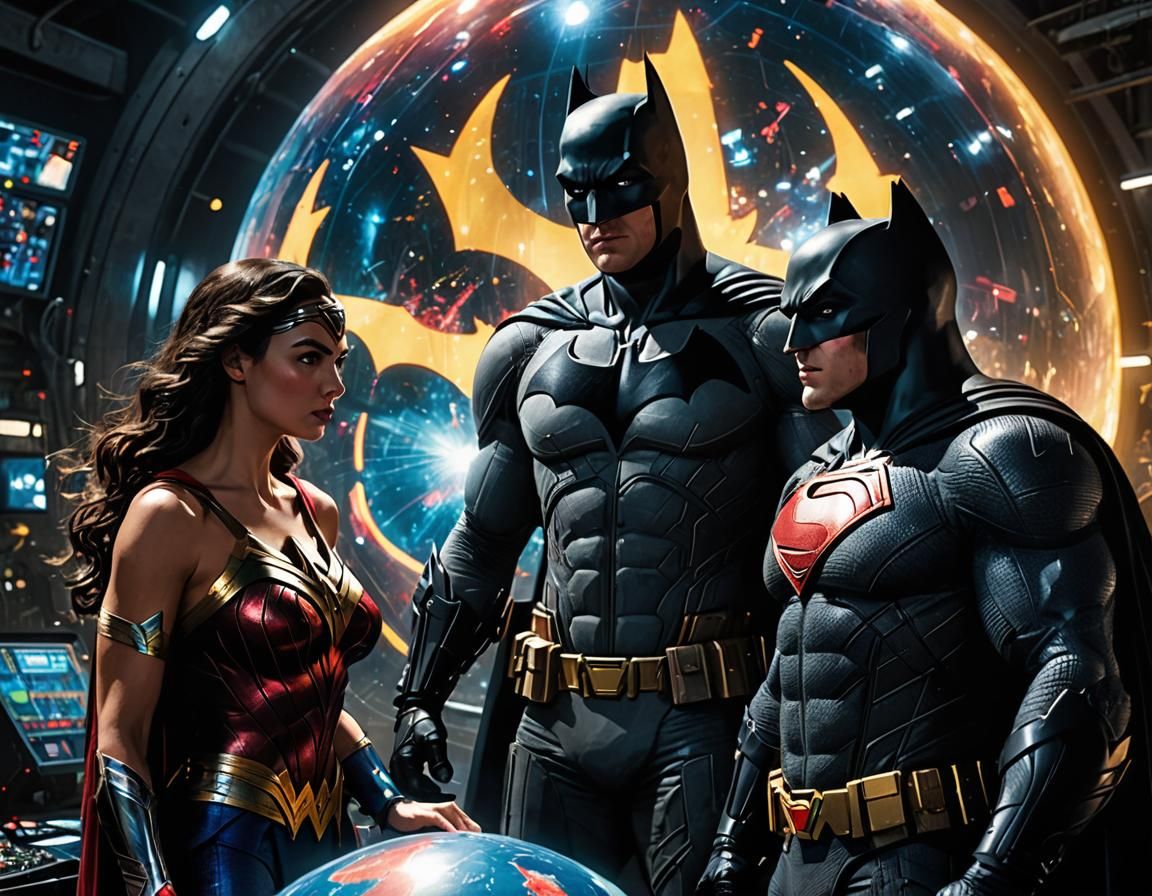Batman, Superman, and Wonder Woman at Justice League HQ