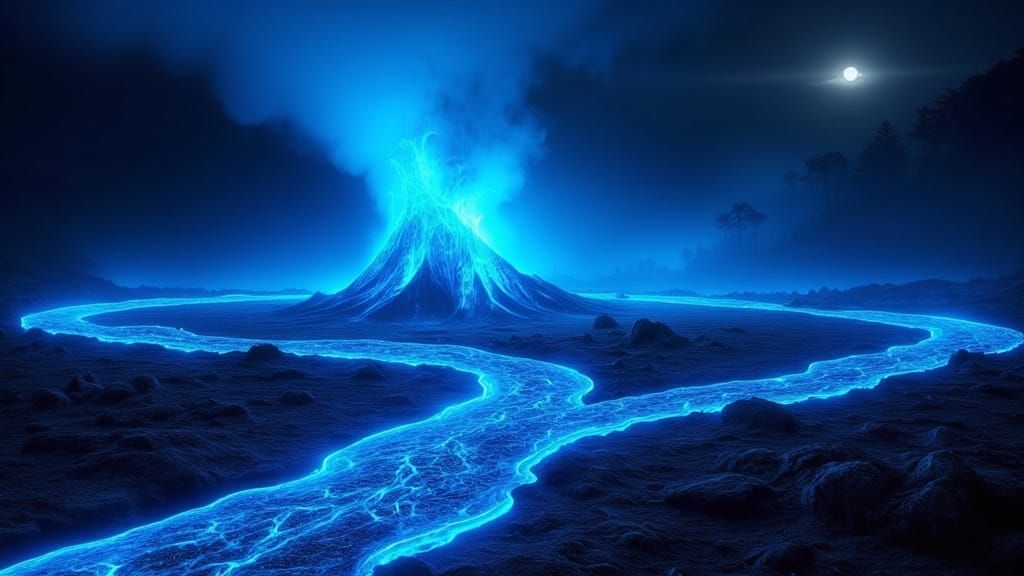Electric Blue Lava Erupts From Kawah Ijen Volcano At Night