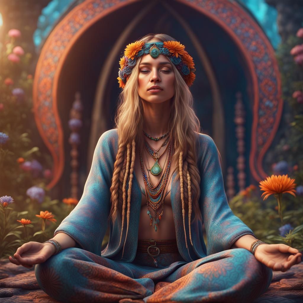 Hippie Girl Meditating: Detailed Fantasy Concept Art