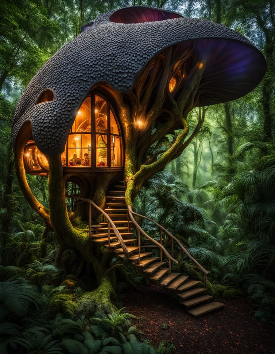 Magical Mushroom Treehouse in Jungle Clearing