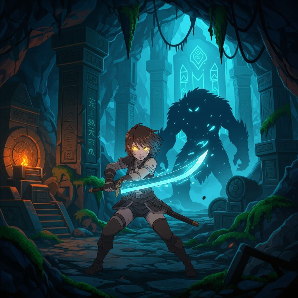 Anime Explorer Girl in Glowing Underground Ruins