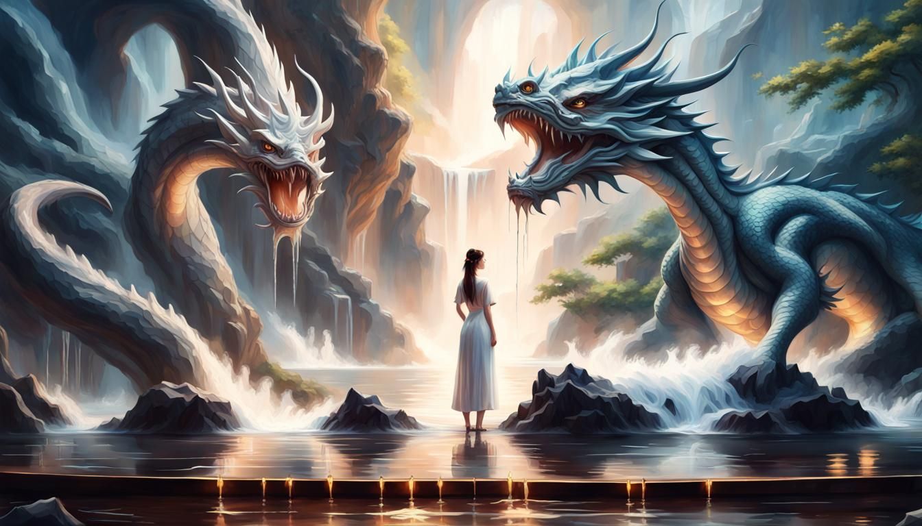 A beautiful lady standing in front of a dragon, 16:9 Template  (6)