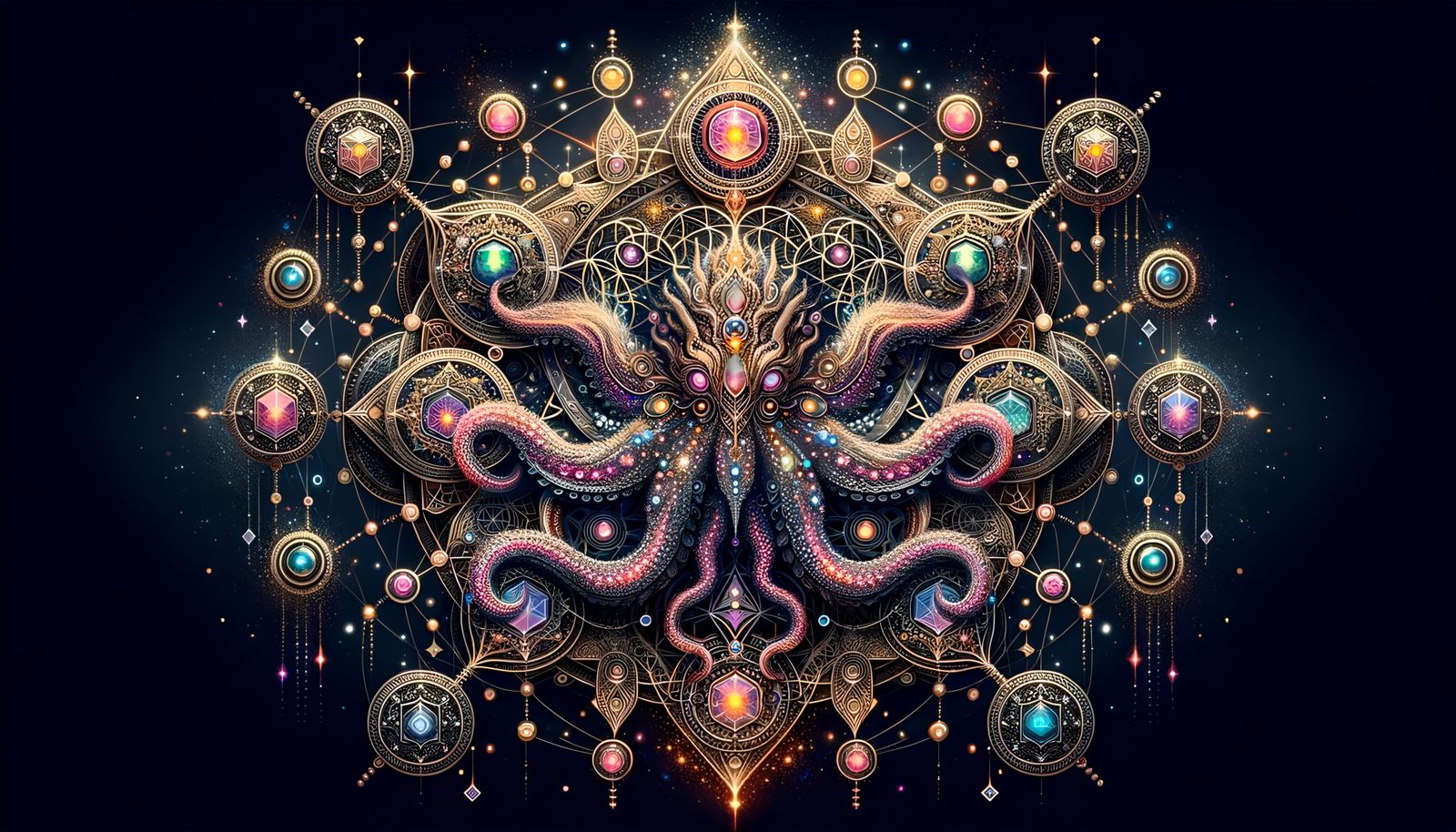 Sacred Geometry Wallpaper with Bioluminescent Creature