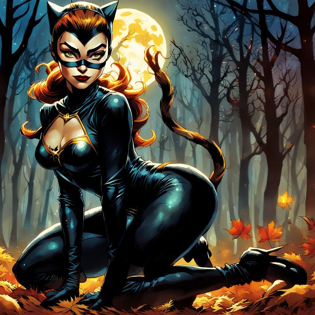 Catwoman Dances Under Harvest Moon in Autumn Forest