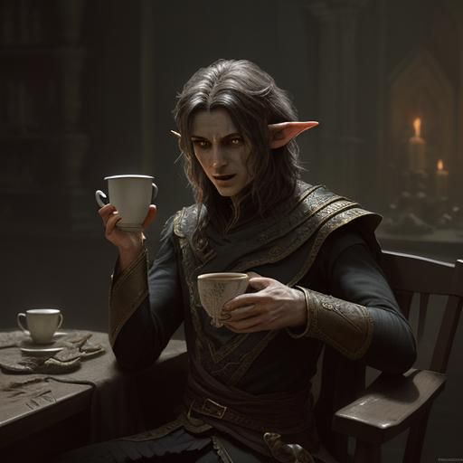 D&D Elf Warlock with Coffee, Horror Art