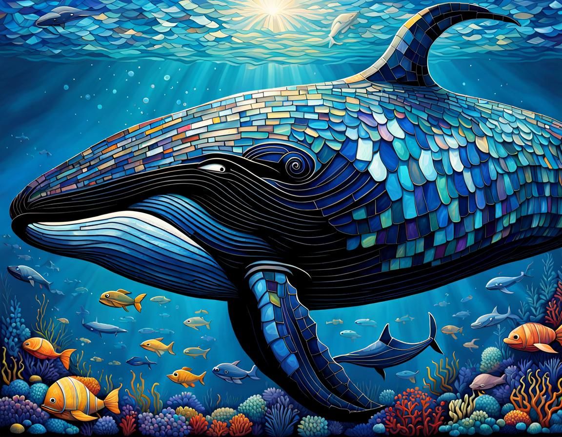 Underwater Whale in Deep Blue Mosaic Style