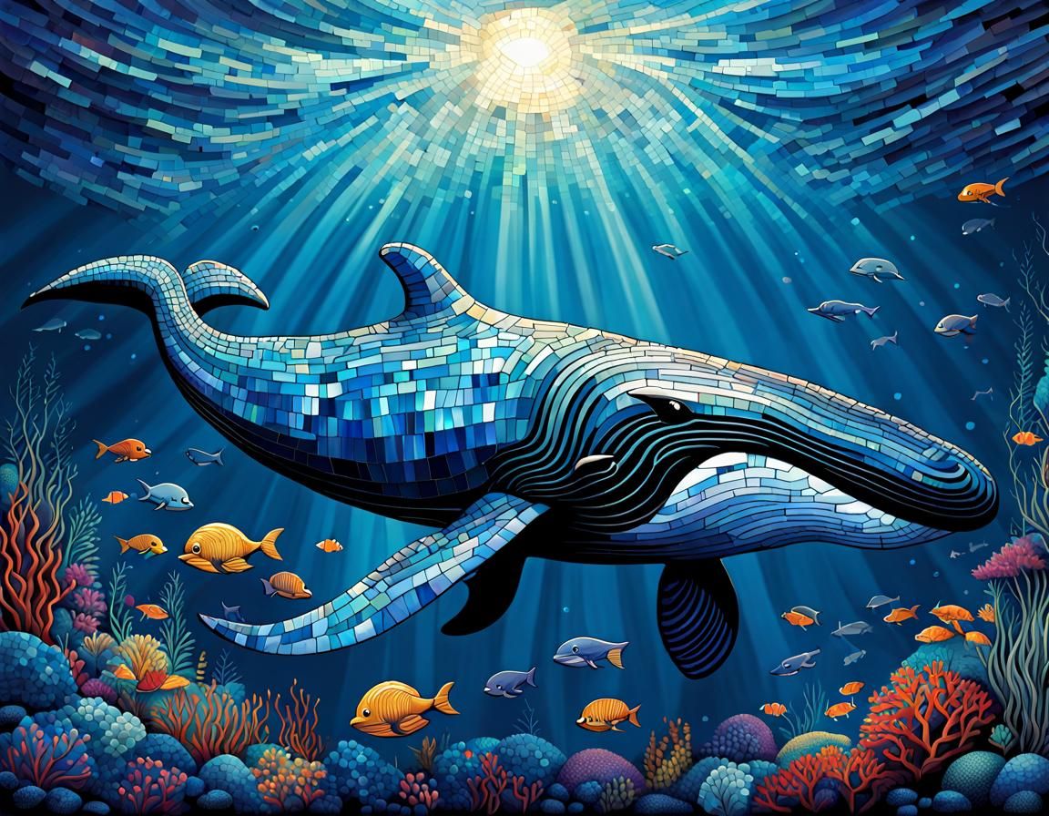 Underwater Whale in Deep Blue Mosaic Style