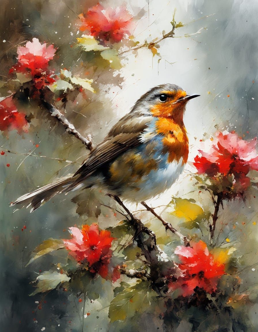 Robin on Apple Blossom Tree, Fine Art Watercolor