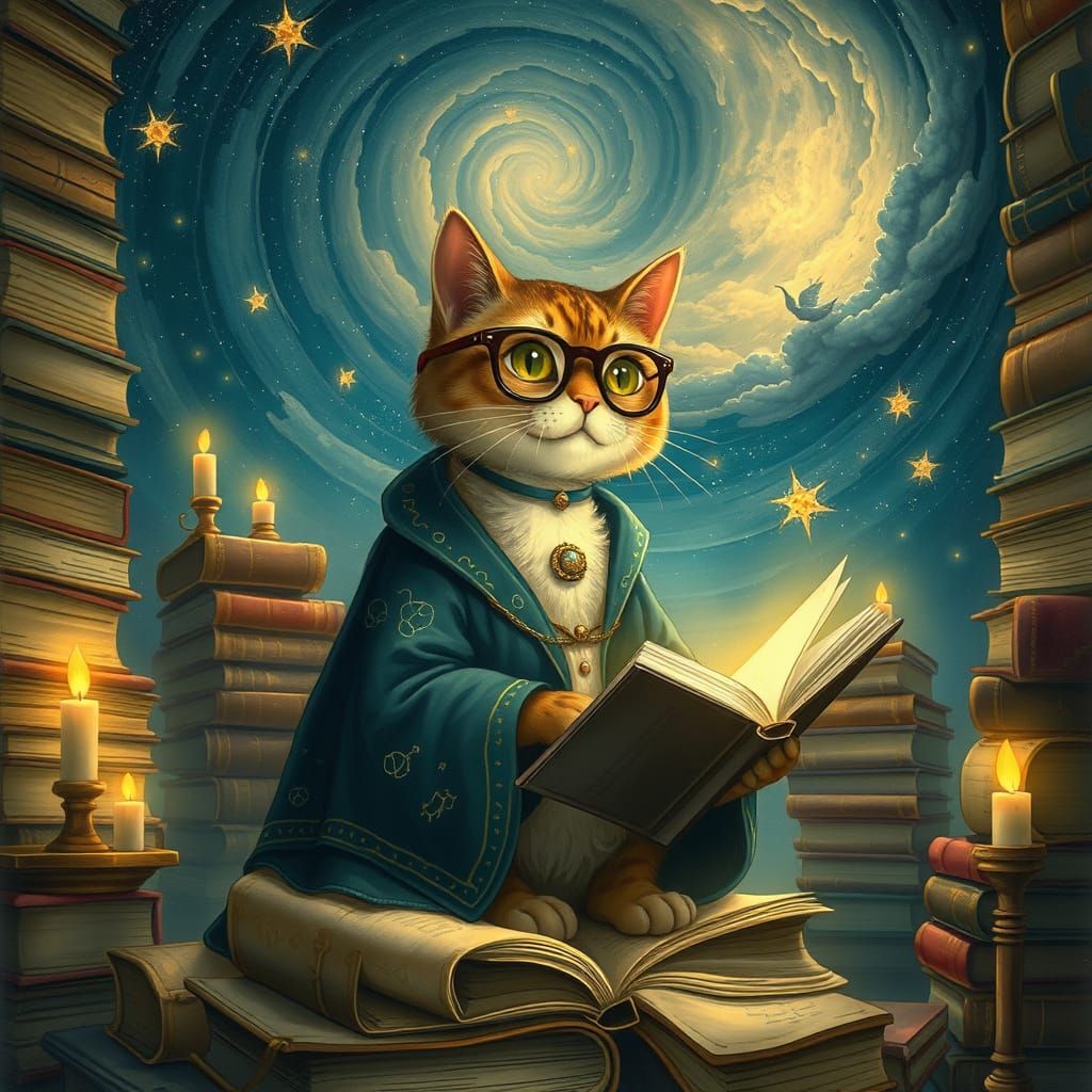 Celestial Librarian Cat Amidst Starlit Book Stacks