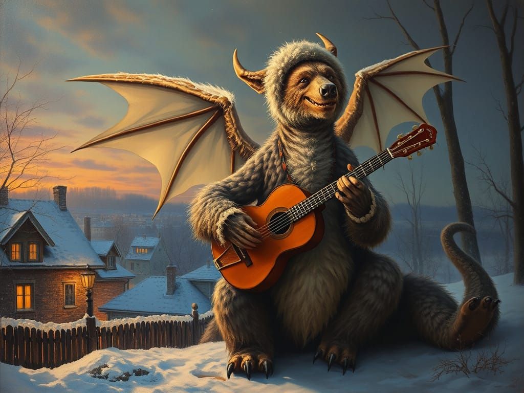 Surrealistic Dragon-Bear Hybrid in Soviet City