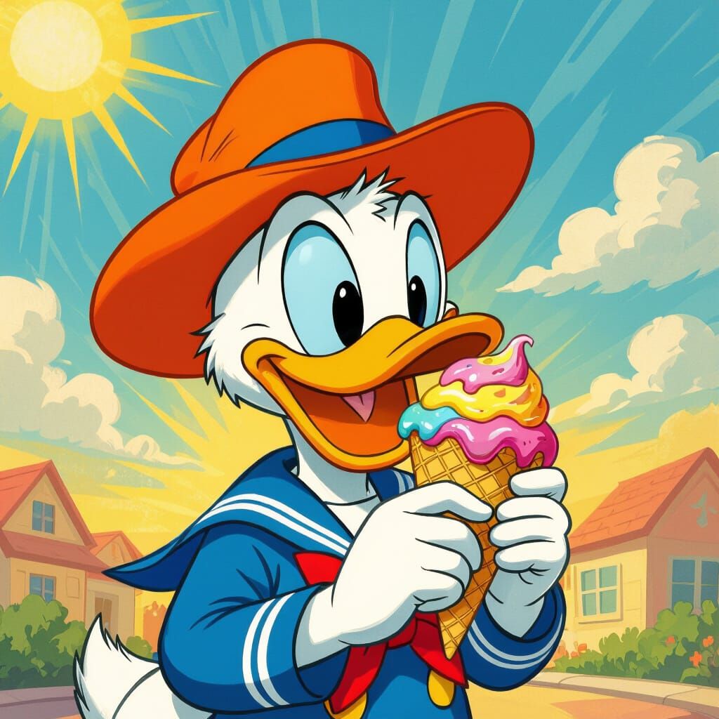 Donald Duck Enjoys Ice Cream in Classic Disney Style