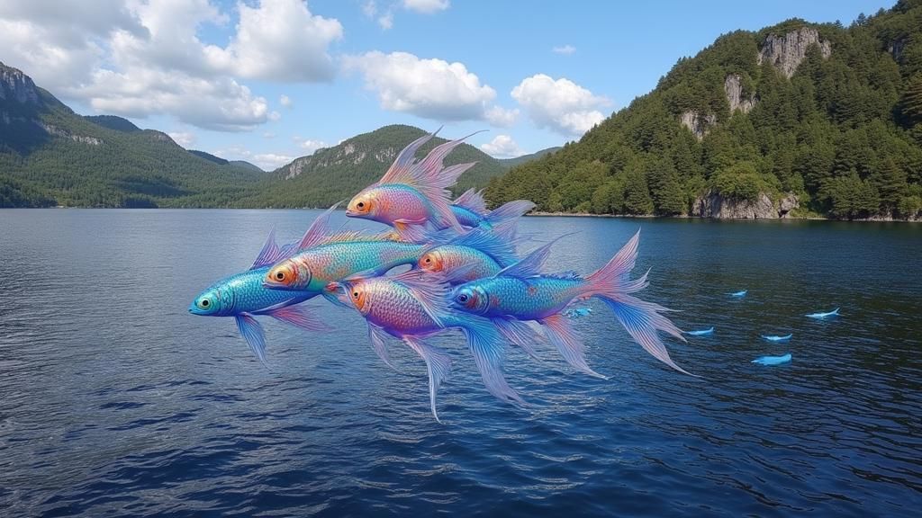 Iridescent Fish Fly in Dreamy Sky, Whimsical Art