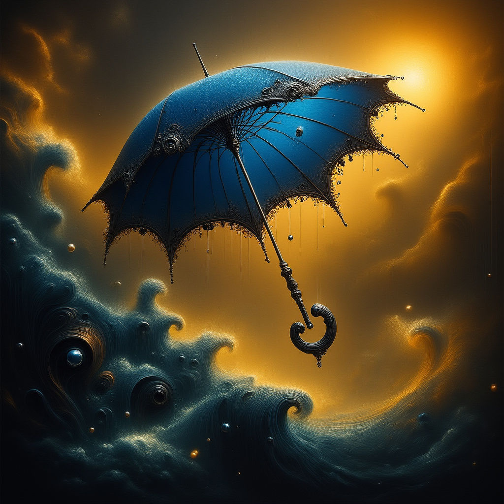 Blue Umbrella in Rainy Weather, Fantasy Concept Art