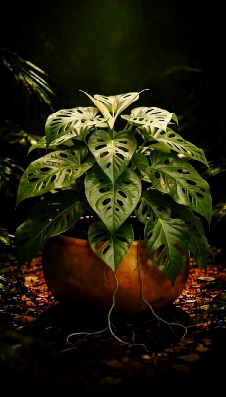 Lush Plant with Multiple Leaf Layers and Aerial Roots