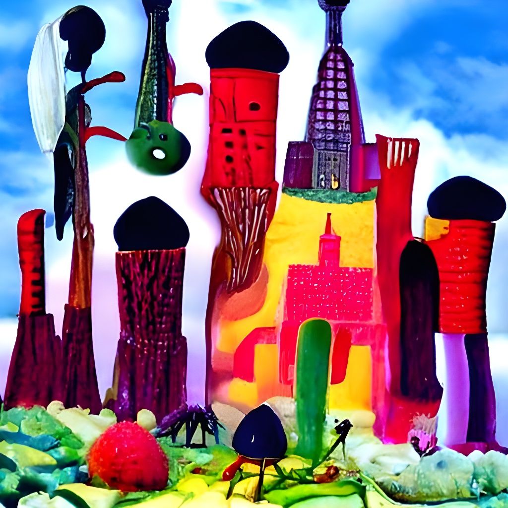 Colorful Folk Art Cityscape with Conic Buildings