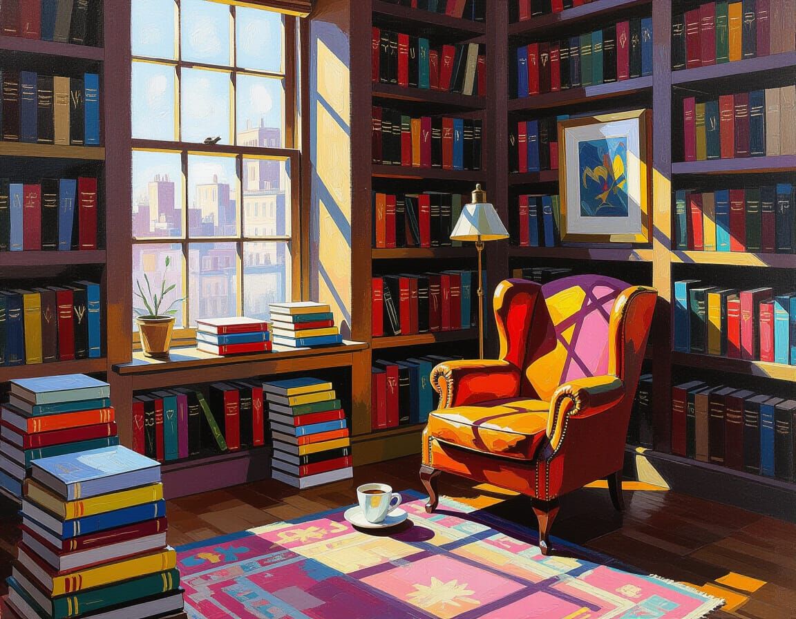 Abstract Expressionist Room with Bookshelves and Still Life